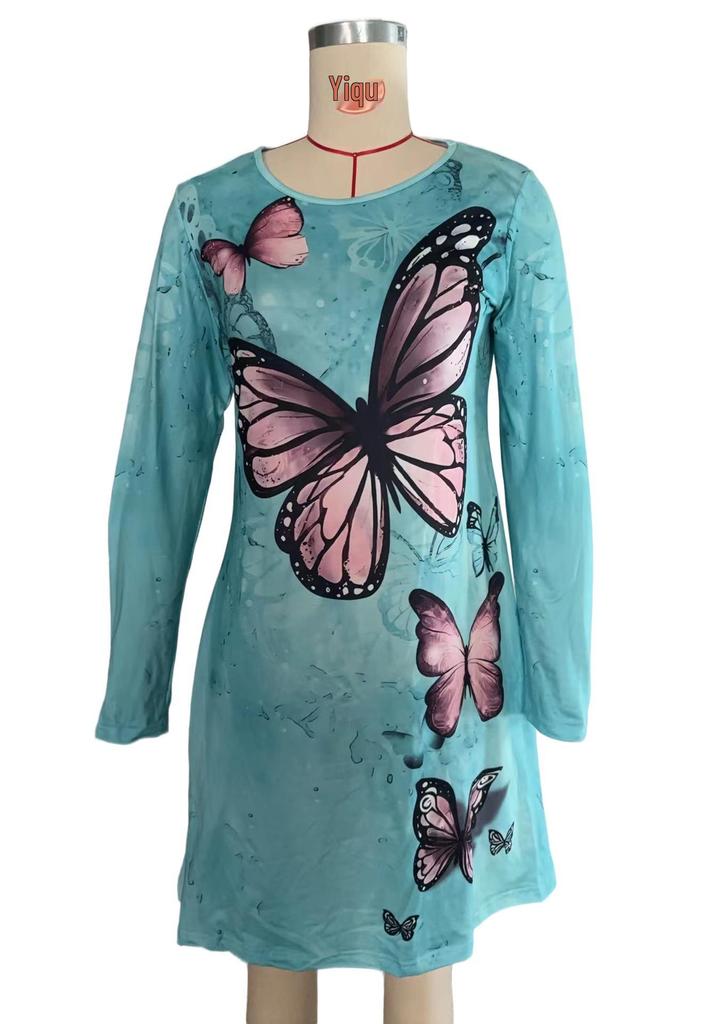 Elegant Butterfly Print Long Sleeve Dress - Spring/Autumn Collection