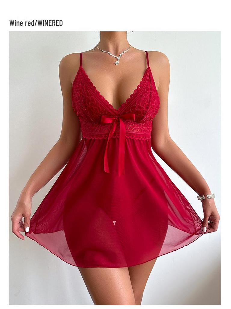 Lace Spaghetti Strap Mesh Nightgown - Sexy See-through Lingerie for Women