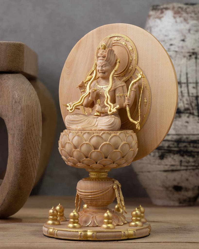 Drobná zlatá hliněná dřevěná ozdoba Buddha Aizen Myoo Aizen Myoo 11,6 cm (Dřevěný buxus, povrchová úprava)Socha Buddhy, postava, řezba, (GSB