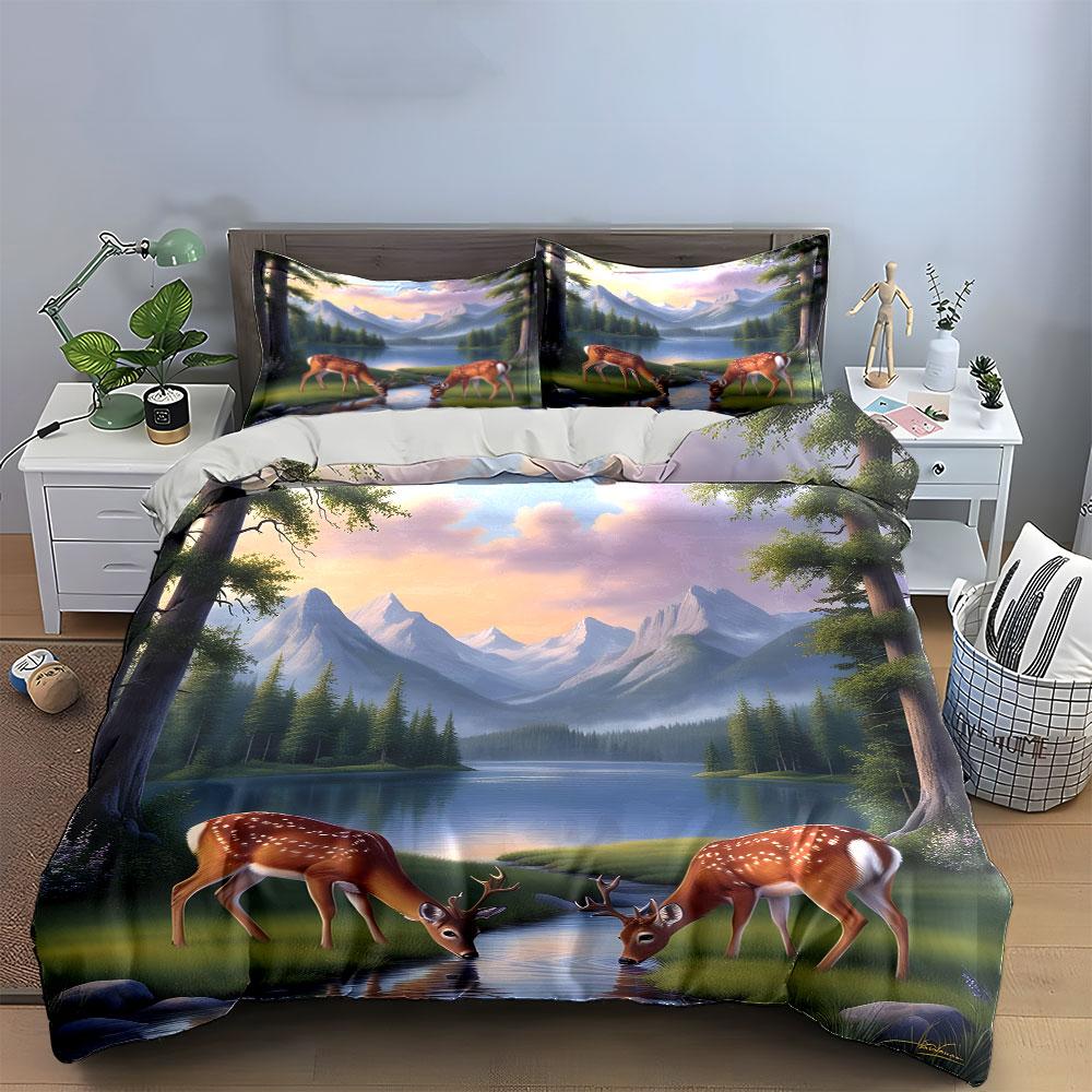 Nature-Inspired Deer Scenery Set Exquisite Three-Piece Bedding Set Gift For Kids And Adults