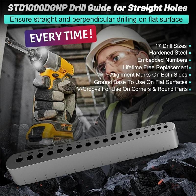 A95I-STD1000DGNP 1/8In To 3/8In Drill Guide For Straight Holes, 17 Sizes, Heat-Treated Steel, In 1/64In Increment Steps