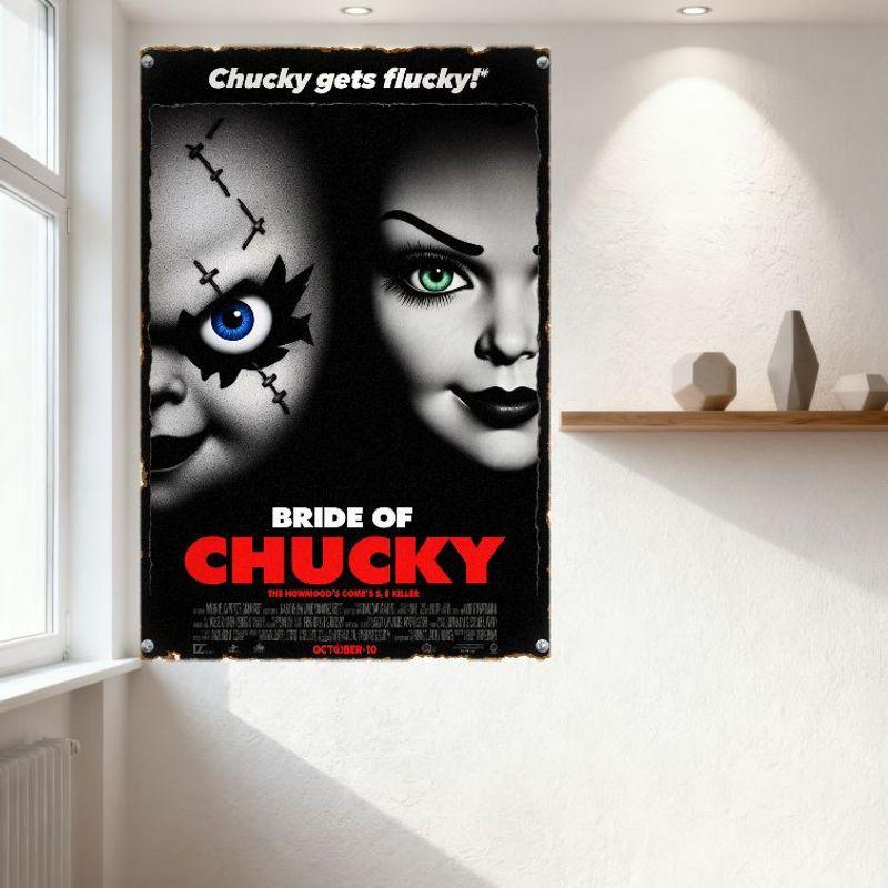 Bride of Chucky Vintage Metal Tin Sign Horror Movie Plaque for Man Cave Bar Home Decor with Distressed Look