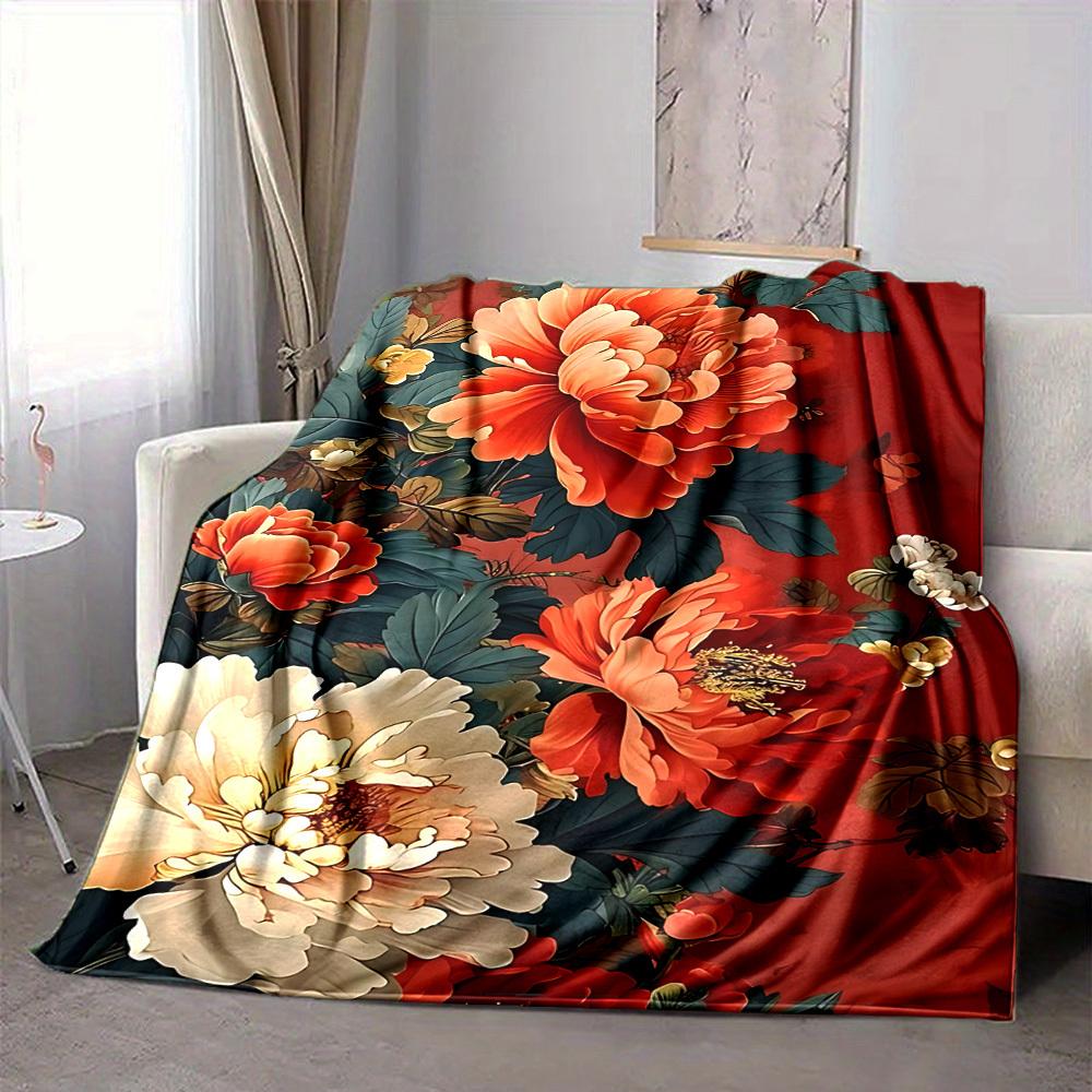 1PC Peony Print Blanket - Soft Warm All-Season Throw for Sofa, Bed, Car, Office, Throw For Sofa yy250916108