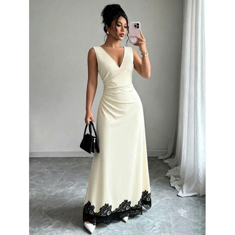 European summer French elegant waist beige splicing black lace V-neck sleeveless dress women S