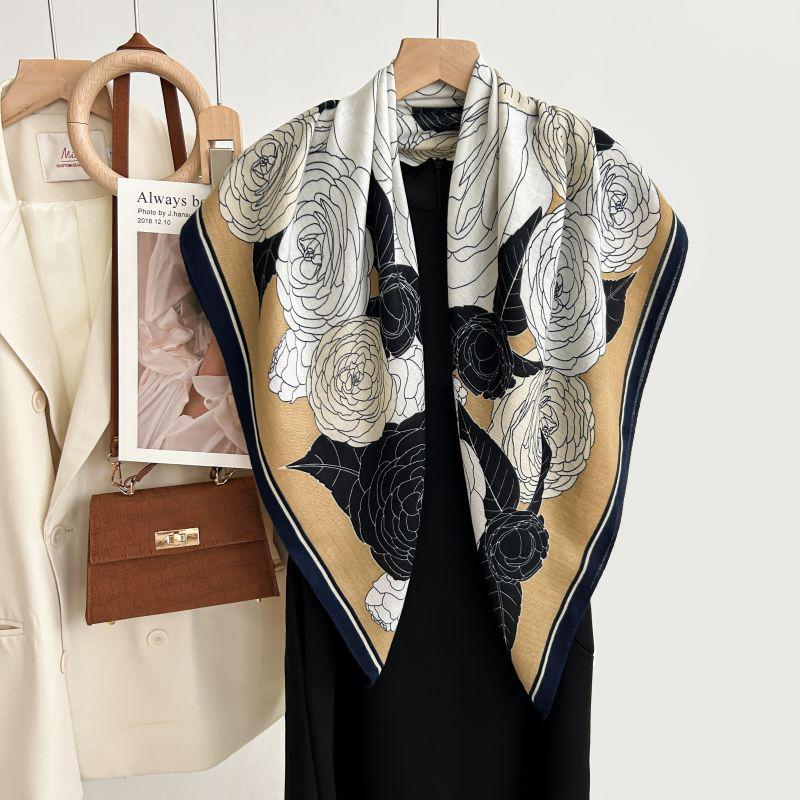 Quadratischer Schal im koreanischen Stil mit weißem Blumendruck - Weich, elegant, hautfreundlich, warmer Fischgrät-Schal für Herbst und Winter