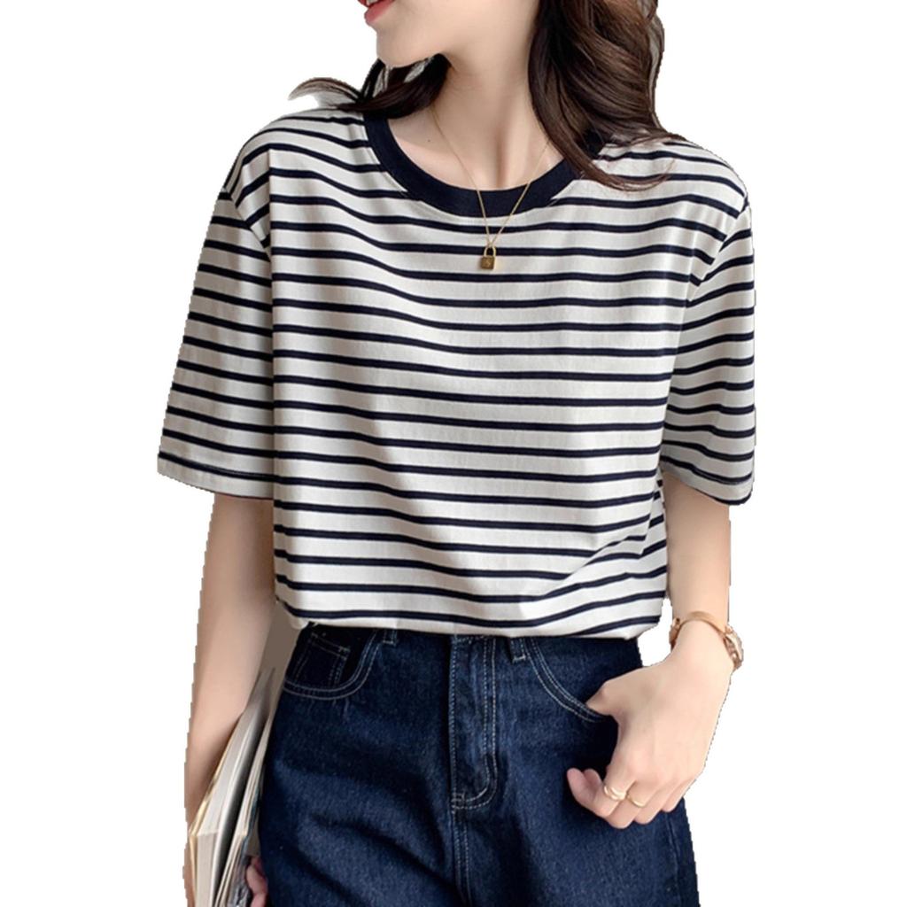 Casual striped t-shirt women's short-sleeved summer new student half-sleeved top loose versatile crew neck t-shirt ins