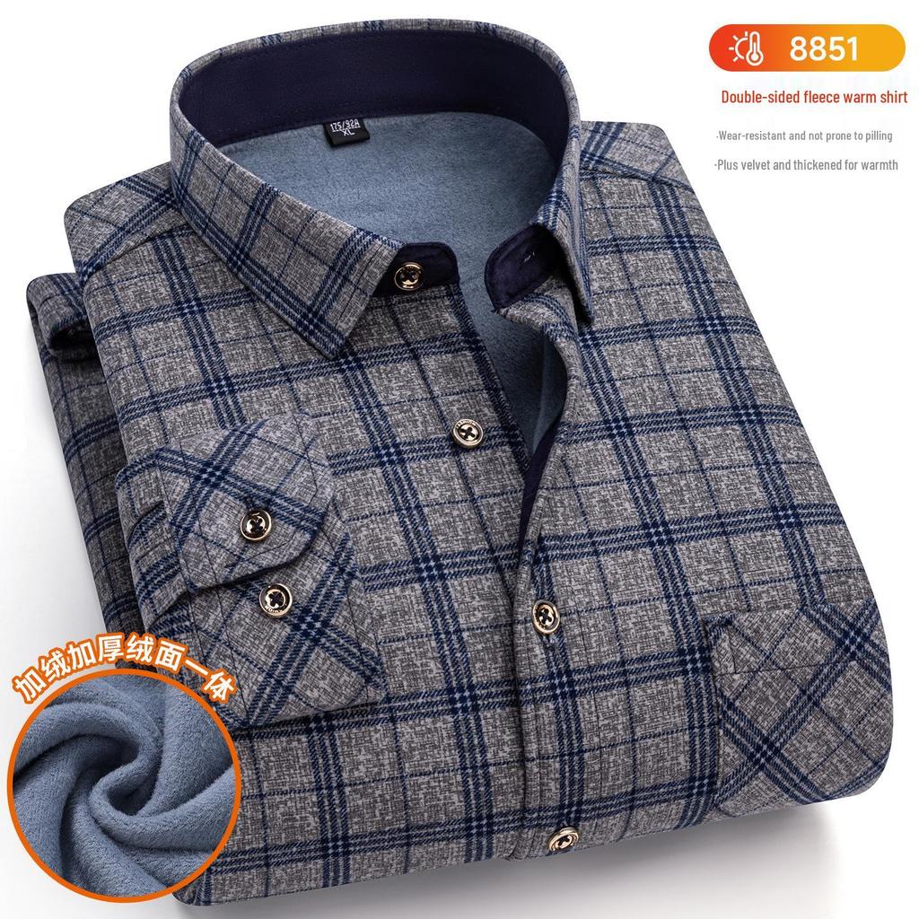 Men's Winter Warm Plaid Long-Sleeved Shirt with Plush Lining, Plus Sizes Available