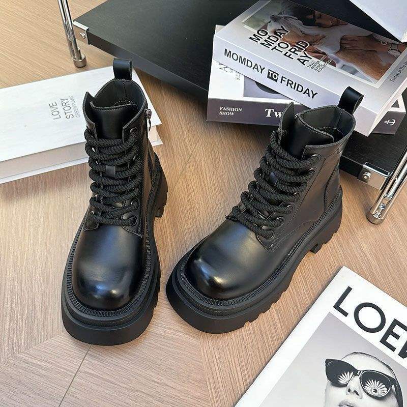 Thin Martin Boots Women's British Style 2025 Autumn and Winter New Thick-soled Heightening Single Boots High-top Versatile Short Boots Casual