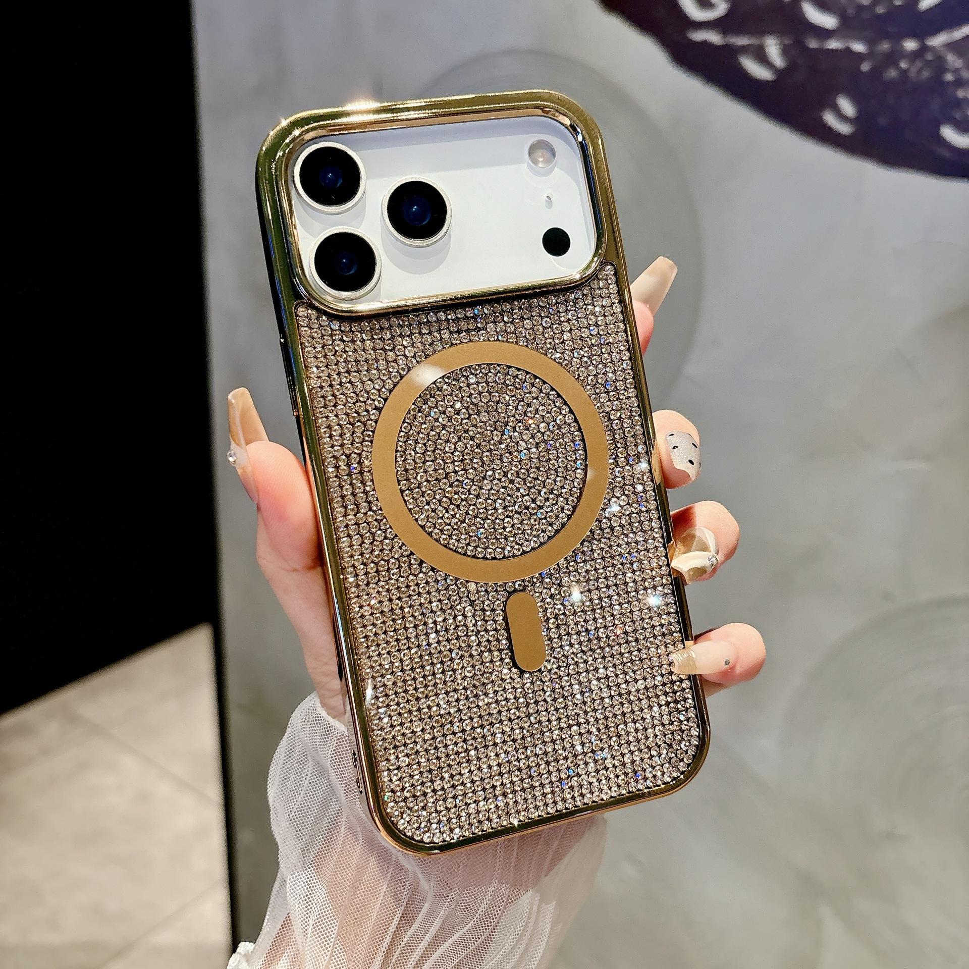 

Luxury Bling Glitter Rhinestone Magnetic Phone Case Metal Plating Bumper Cover for iPhone 17 16 15 14 13 12 Pro Max Plus 17e 16e iPhone 15 золотой