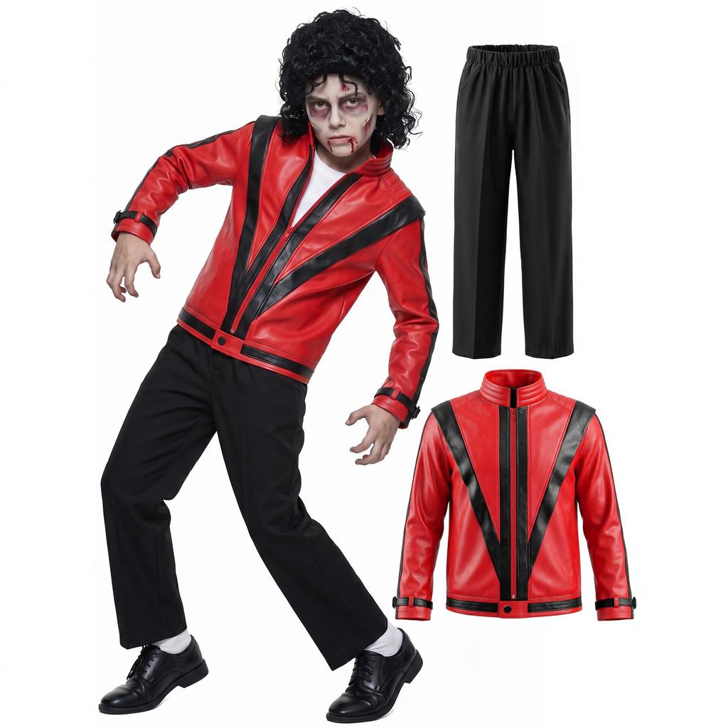 Dětský červený kožený oblek Michael Jackson, Kostým pro chlapce na jevištní vystoupení, Halloweenský outfit