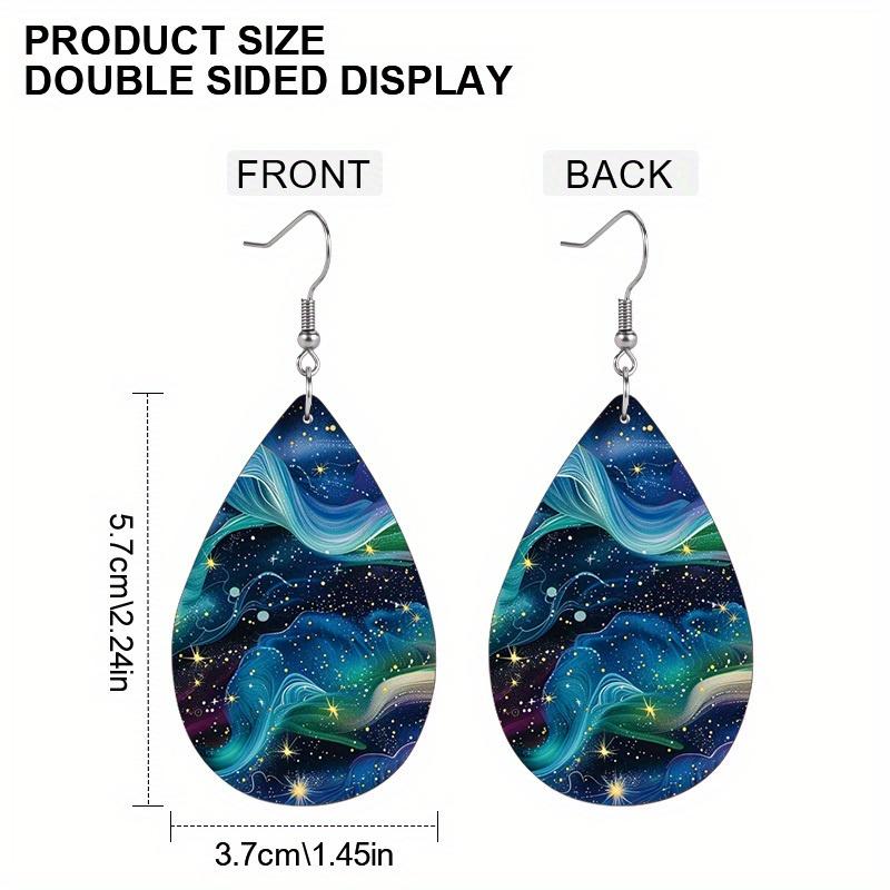 Boho Abstract Pink Blue Gilter Quicksand Print PU Earrings for Women Chic Spring Summer Blue Starry Sky Double Sided Print Waterdrop Earrings