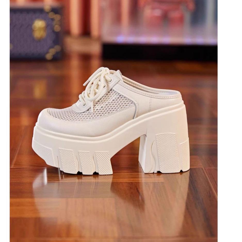 Height-increasing heel bag head slippers women's outer wear 2025 new muffin thick bottom half-drag mesh yarn hollow breathable sandals