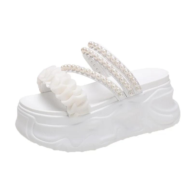 Fashion 8CM Summer Casual High Platform Sandals Women Buckle Strap Slippers Thick Bottom Pearl Sandalias Woman Chunky Beach Shoes Mujer