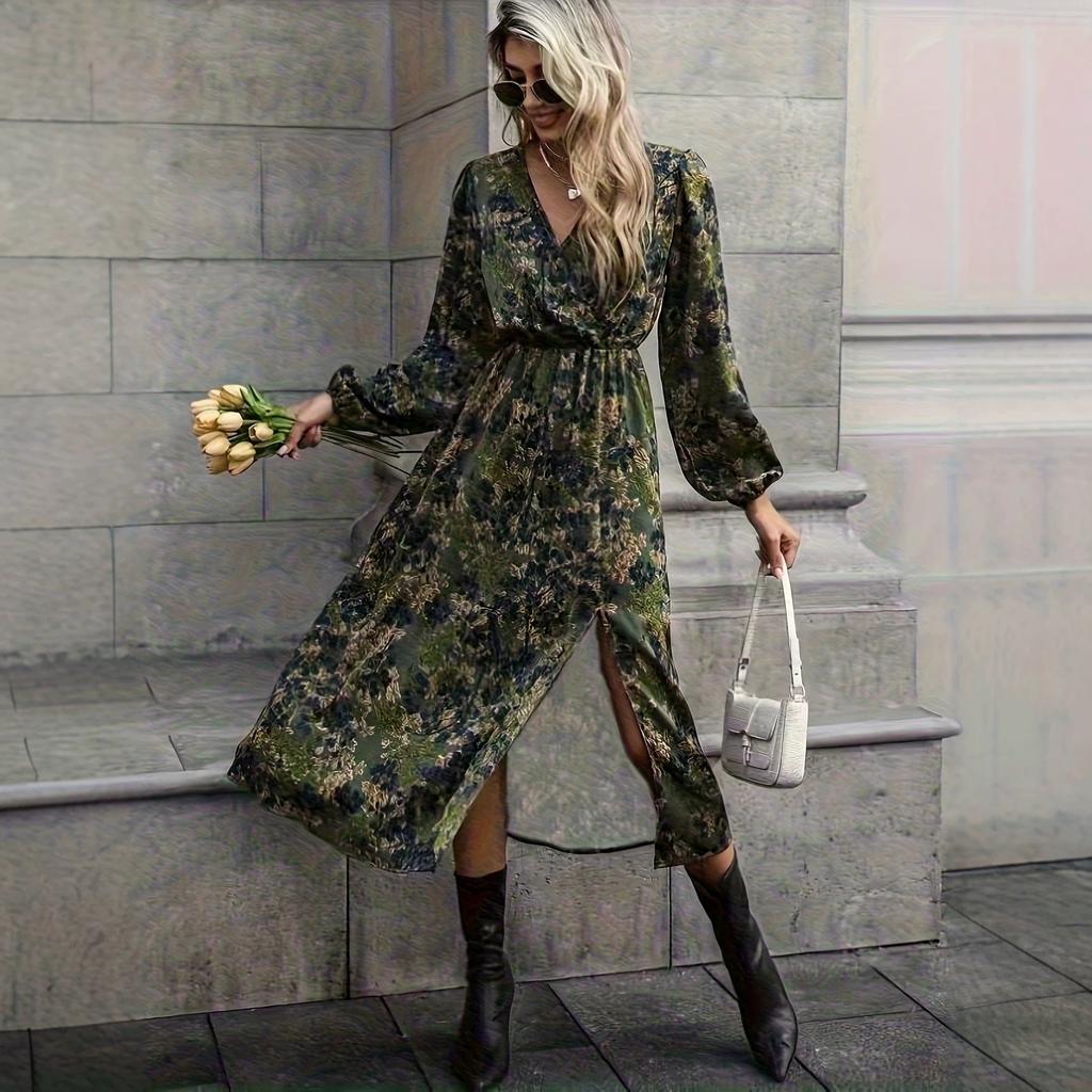 Autumn Floral Print Women's Dress V-Neck Waist Split Long Sleeve Skinny Medium and Long Skirt