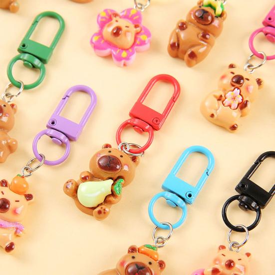 24/50Pcs Capybara Keychains Set Cartoon Resin Doll Charm Keychains Metal Key Ring