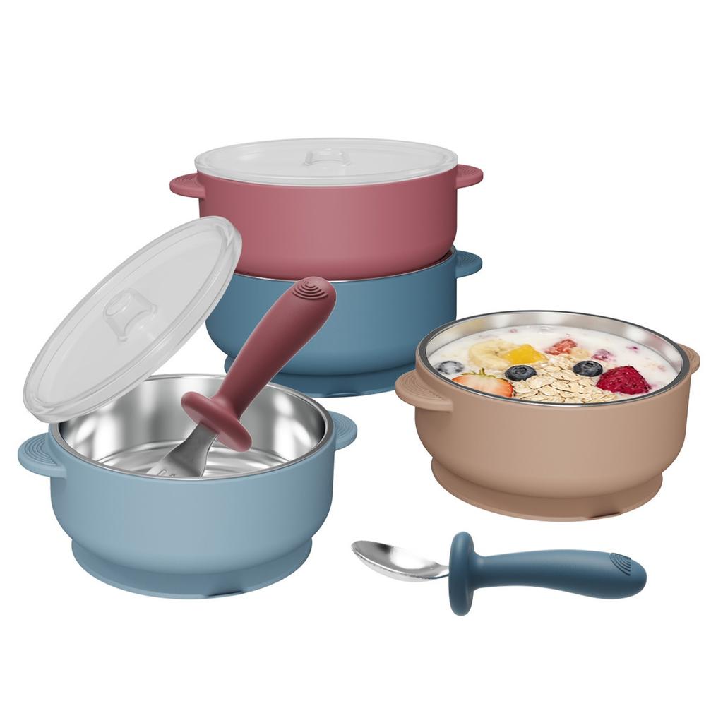 Baby Silicone Feeding Bowl with Suction Cup, Stainless Steel Bowl, -Fall Kids Tableware Set with Spoon Fork