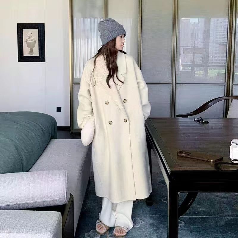

Овсяное Белое Шерстяное Пальто для Женщин Осень Зима Миди Длины Выше Колена Приталенное Корейский Стиль Высокого Качества Шерстяная Верхняя Одежда S
