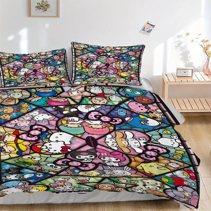 

3pcs Cartoon Hello Kitty and Friends Quilt Cover Set - Soft & Comfortable Polyester Fabric, All-Season Breathable Comforter Set For 1 Quilt Cover 135x200cm