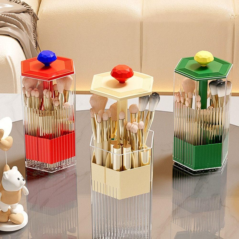 

Dustproof Automatic Lifting Makeup Brush Holder Plastic Cosmetics Storage Box Bathroom рожевий