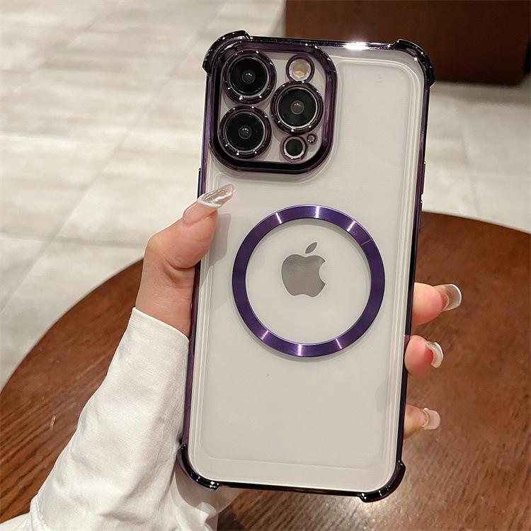 For Apple 16PRO Four Corner Anti Drop Plated Phone Case for IPhone 11/13 Solid Color CD Pattern Magnetic Protective Cover