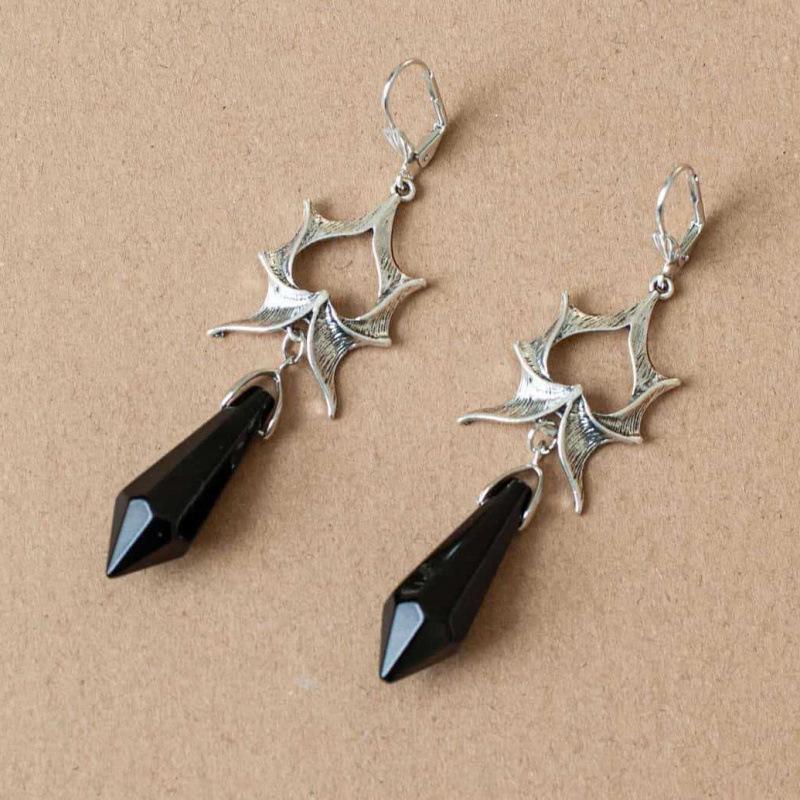 Silver Gothic Dragon Wing Crystal Pendant Earrings