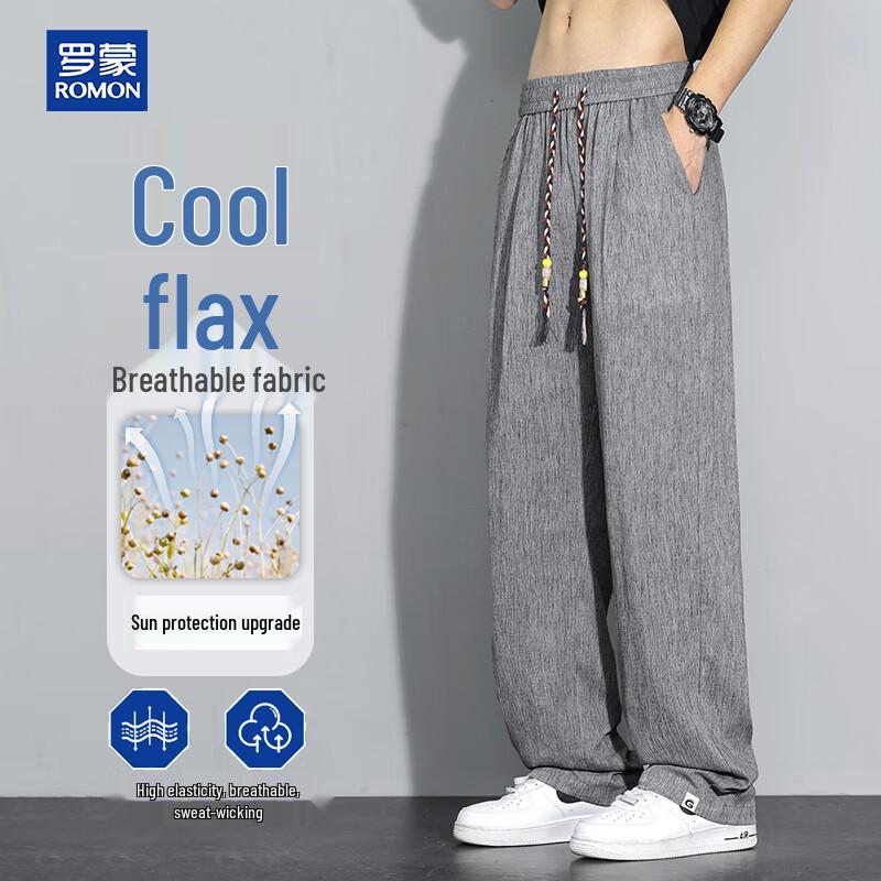 ROMON Men s Linen Blend Ice Silk Drawstring Casual Pants 4XL