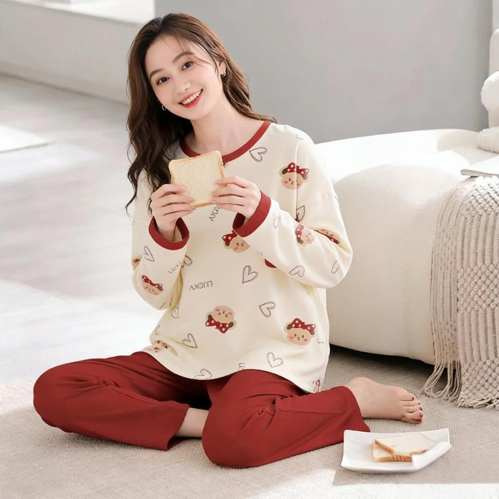 Women's Cotton Cartoon Pajama Set - Long Sleeve, Round Neck, Plus Size, Korean Style for Spring, Autumn, and Winter.