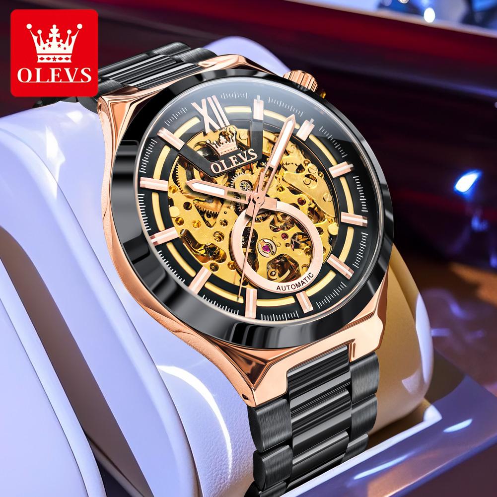 OLEVS 6722 Business Skeleton Automatic Mechanical Watches Man Waterproof Luminous Stainless Steel Wristwatches for Man Relogio