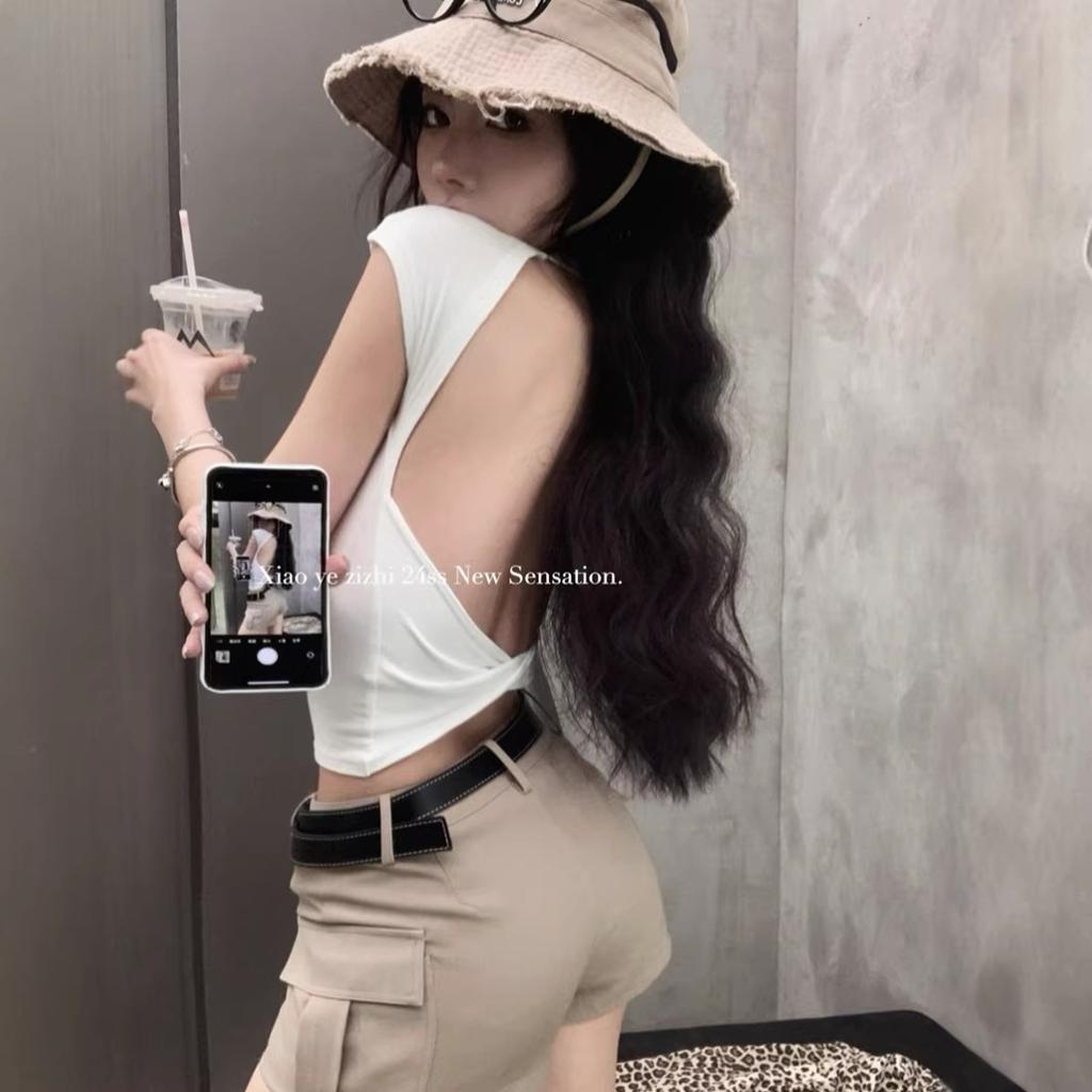 Summer European and American Sexy Spice Girls Style Back Cross Short Halter Short Sleeve T-Shirt Crew Neck Front Shoulder Top