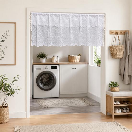 Cortina Media de Encaje, Cortina Transparente Floral Campestre Transpirable, Cortinas Estilo Nórdico Bloqueo de Polvo y Flujo de Aire, para Ventanas Medias de Cocina