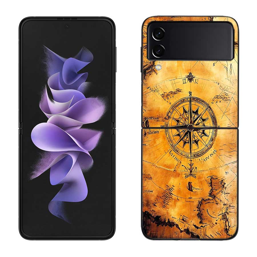Compass Map Voyage Phone Case For Samsung Z Flip 7 6 5G Galaxy Z Flip 5 4 3 Black Hard Cell Cover Luxury PC Shell Coque
