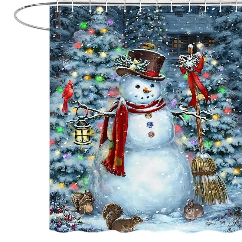 

Christmas Snowman Winter Cardinal Snowflake Xmas Tree Ball On Rustic Wooden Board Cute Holiday Bathroom Decor 90X180 cm