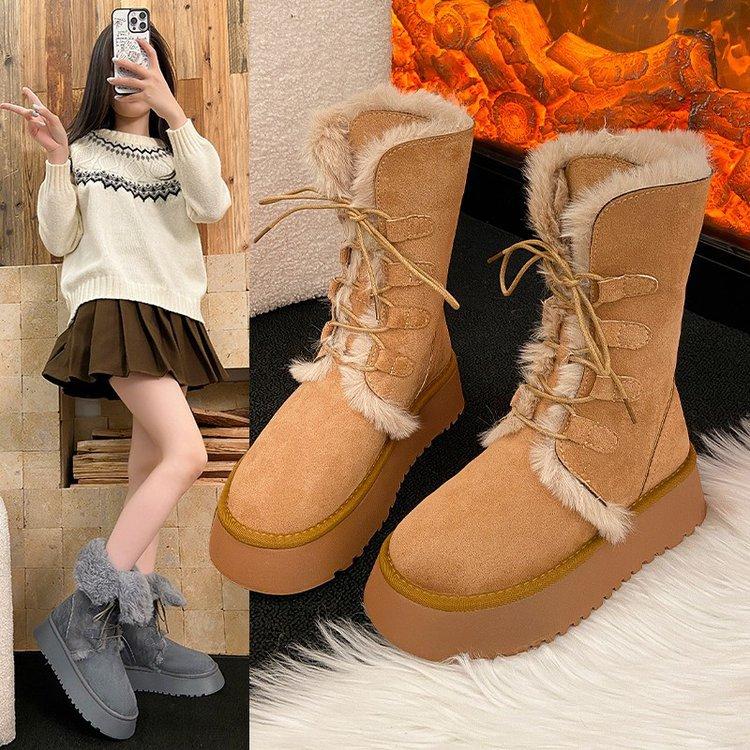 Cowhide version snow boots women's 2025 winter new fluffy boots thickened snow cotton thick-soled velvet thermal cotton shoes