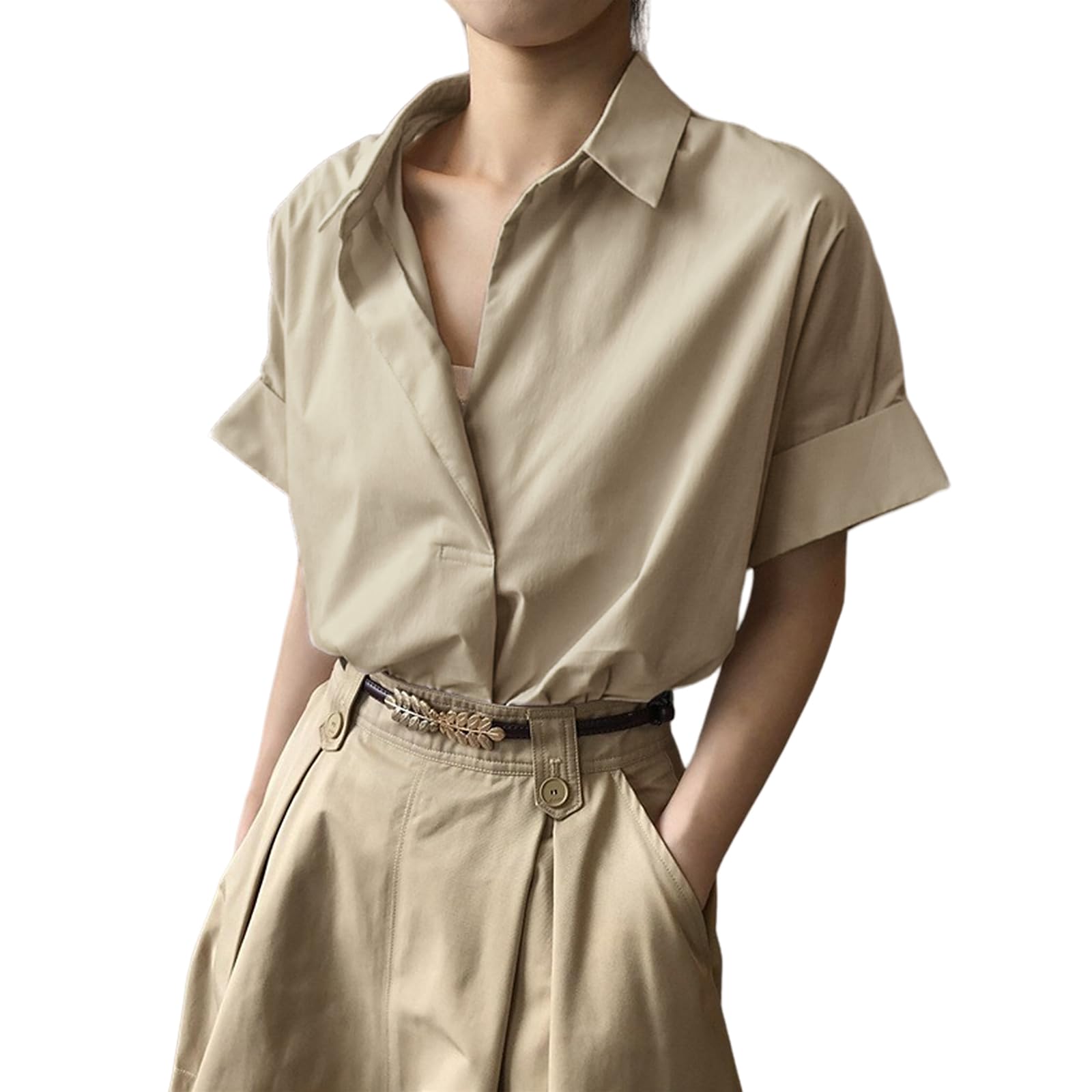 

короткий короткий рукав по фигуре и на лето [LrisIuza Echo] Рубашки, блузки, женские топы, рукава, однотонный, запахивающийся, повседневный, кэжуал, тонкий, стройнящий,