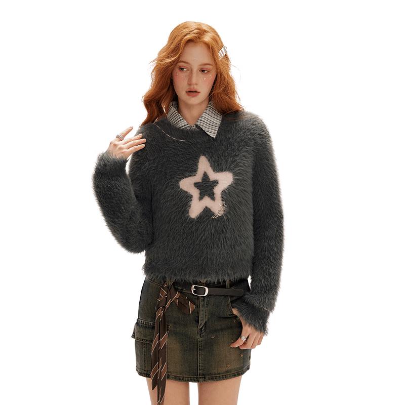 UNIFREE Women's Mohair Star Jacquard Pullover Sweater