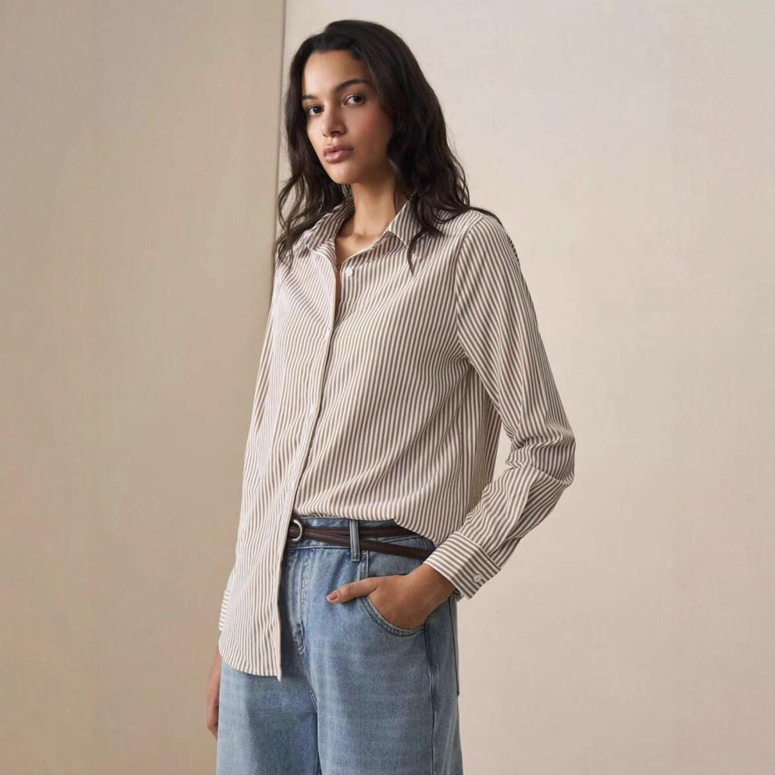 

Женская полосатая рубашка с длинным рукавом, на одной пуговице, в стиле кэжуал Large кофейный/коричневый