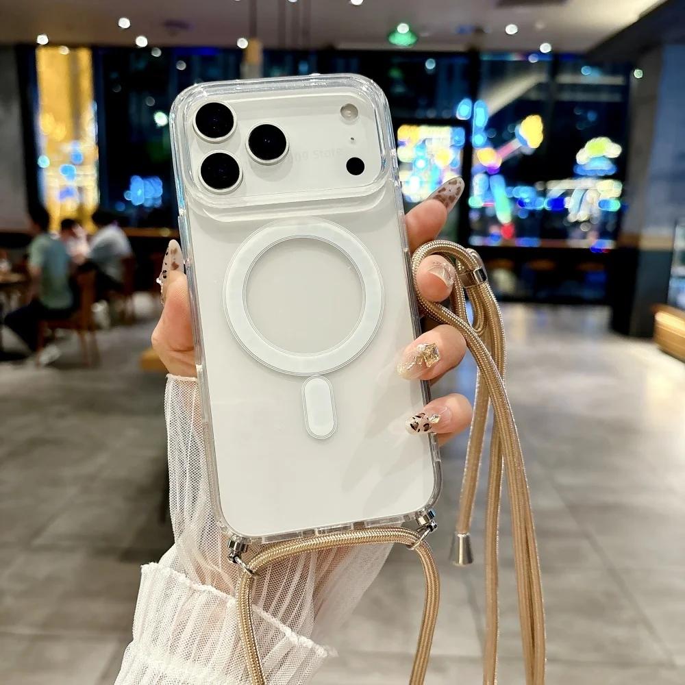 

Прозрачный магнитный чехол для телефона с ремешком-шнурком для iPhone 17 Pro Max 16 E 15 14 13 12 11 Plus Mini Magsafe Пылезащитная защитная крышка 17