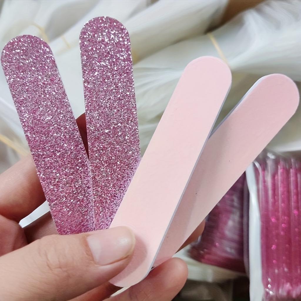 Nail Care Set - Pink Glitter Nail Files, Buffing Crystal Stick, and Heart-Shaped Sponge Blocks - Unscented Tools & Accessories Kit