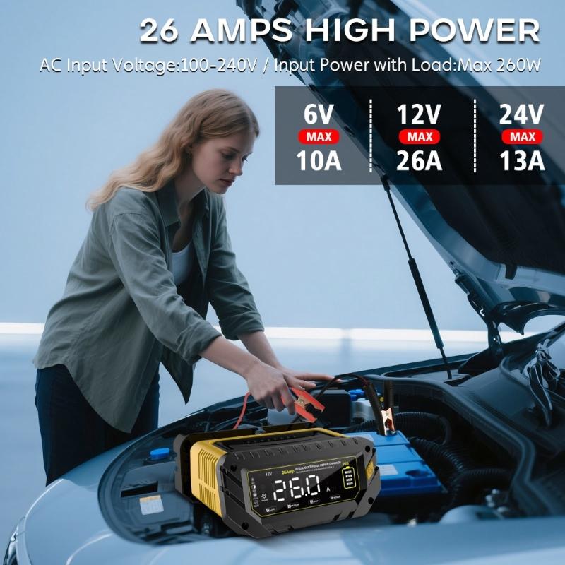 26A Battery Charging Adapter 6V/12V/24V Automatic Charging Adapter With LCD Display for LiFePO4 Battery Car Motorcycle