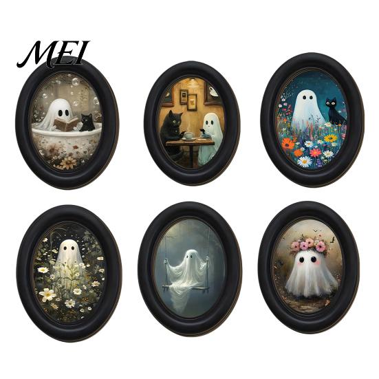 Easy Install Adhesive Wall Sign Halloween Gothic Oval Wooden Hanging Plaque, Vintage Framed Black Cat Little Party Background Ghost Sign, Waterproof