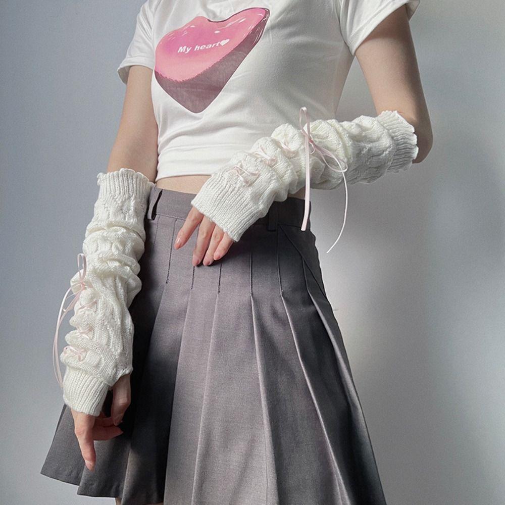 Gothic Y2K Knitted Gloves Harajuku JK Lolita Arm Sleeves Fashion Bowknot Oversleeve  Girls