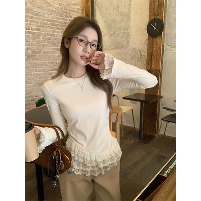 Women's Beige Long-Sleeve Slim Top Lace Cuff & Ruffle Hem Casual Blouse