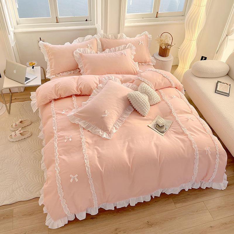 

Korean Princess Style Bedding Sets Ins Lace Bowknot Duvet Cover Fitted Sheet For Girl Woman Home Bedroom Kawaii Bed Linens Flat Bed Sheet&150x200 3pcs