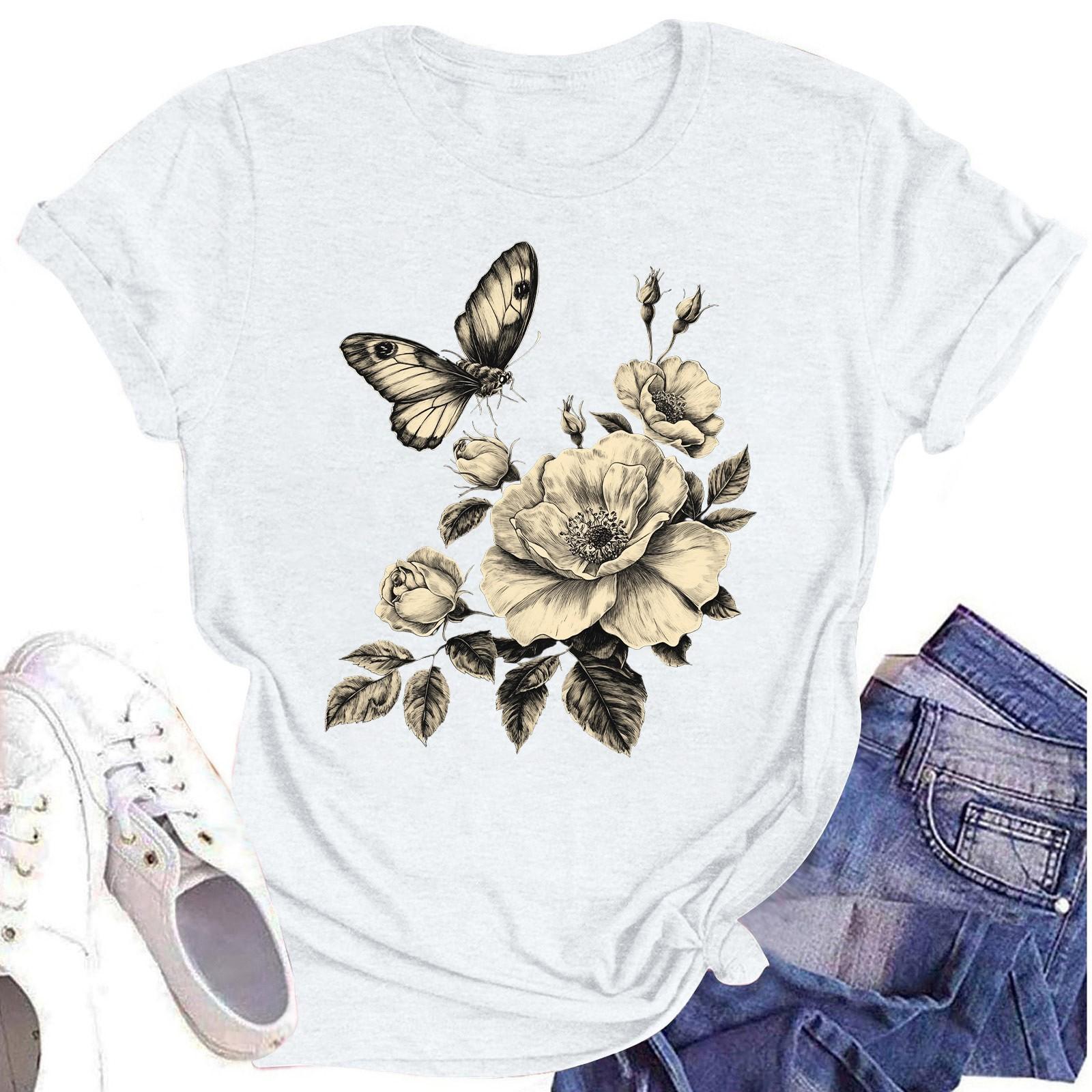 

Женская повседневная футболка с круглым вырезом и цветочным принтом, короткий рукав XL белый