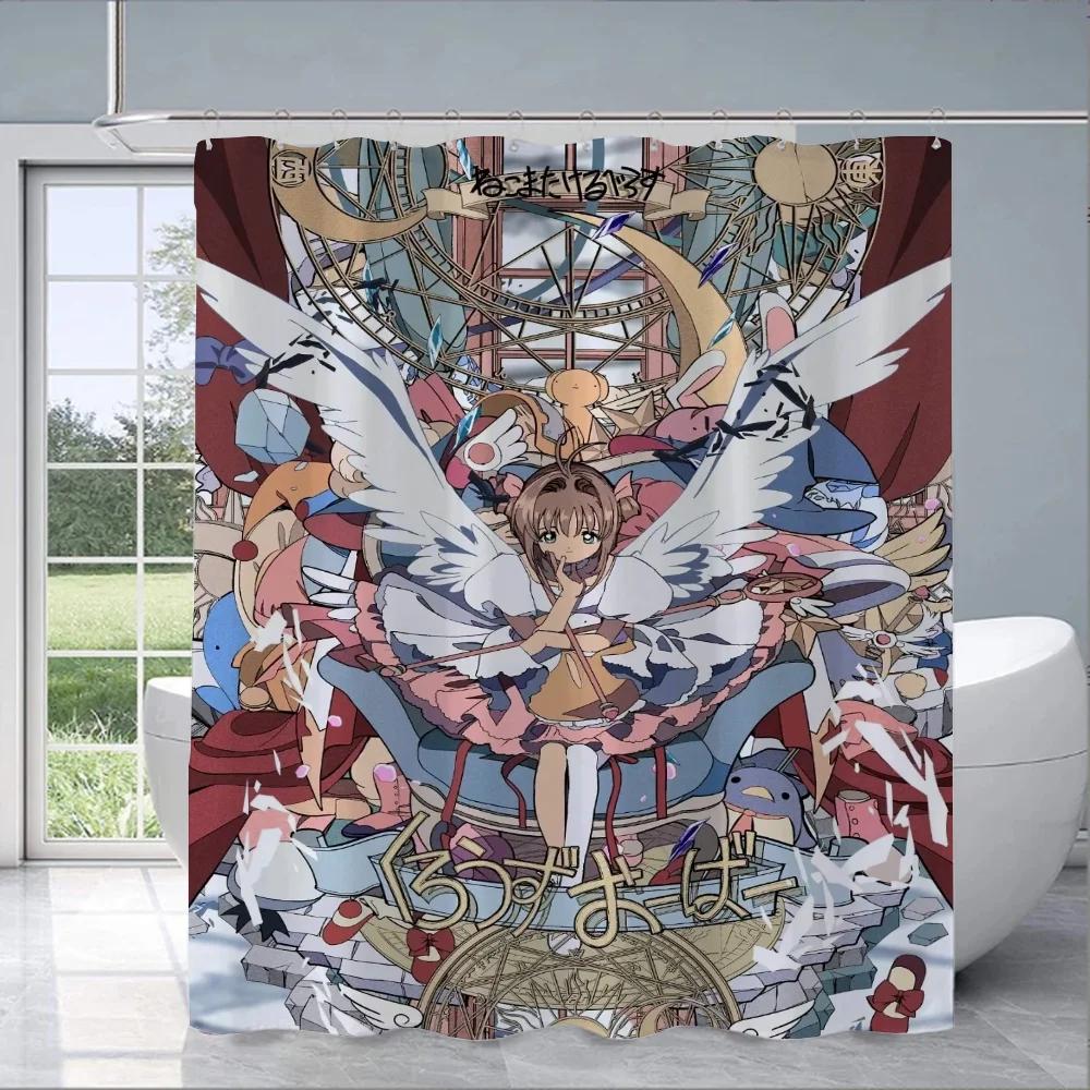 

European Curtain for Shower C-Card Captor Sakura Curtains in the Bathroom Accessories Set Bath Sets Waterproof Fabric Produ 150X180CM-59.06X70.8