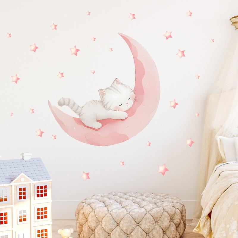 Cartoon Pink Moon Cute Cat Sleep Wall Stickers Baby Room Star Home Decor Accessories Living Room Bedroom Decoration Kids Room