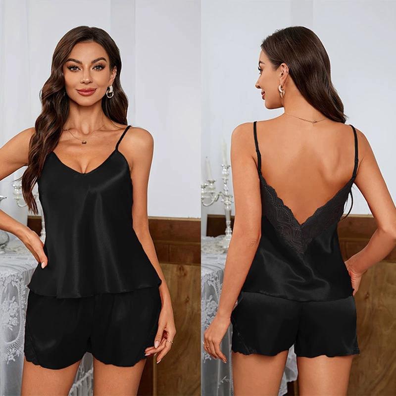 Women Ice Silk Pajama Set Backless Camisole Top and Shorts