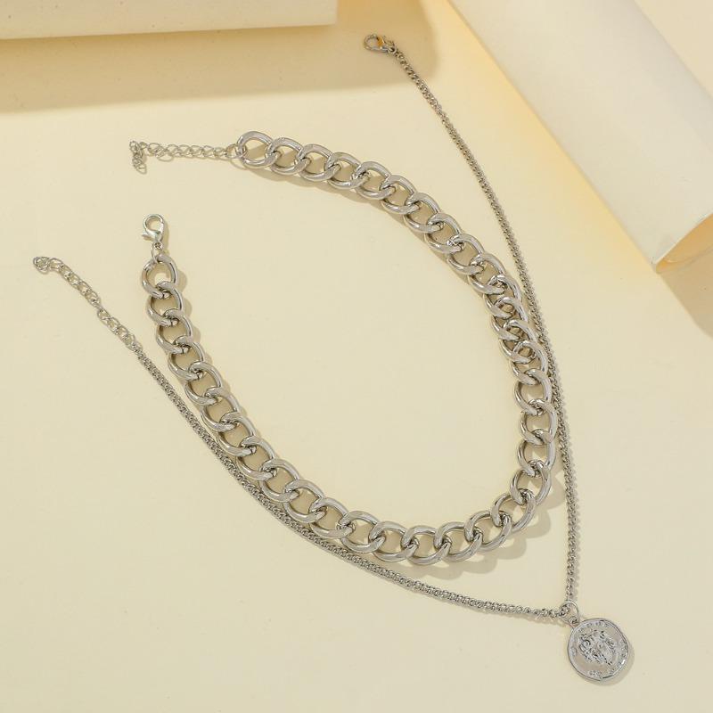 Punk style hip hop double layer thick chain choker necklace fashionretro coin pendant necklace
