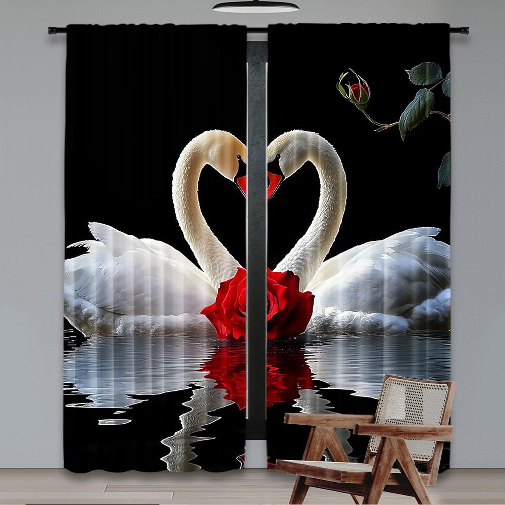 2Pcs Red Rose Curtain White Swan Birds Romantic Flower Wild Animals Happy Valentine'S Day For Bedroom Living Room Dining Room
