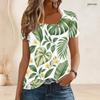 Women Plus Size U Neck Short Sleeve Tropical Leaf Printed White Curved Hem T Shirt